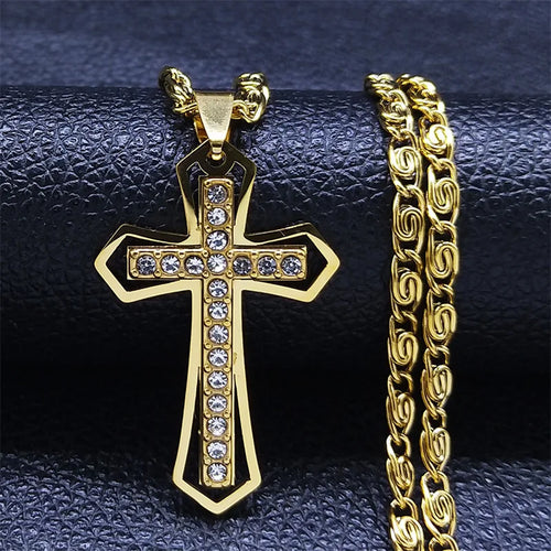 Catholic Cross Amulet Crystal Pendant Men Chain Necklace Gold Color