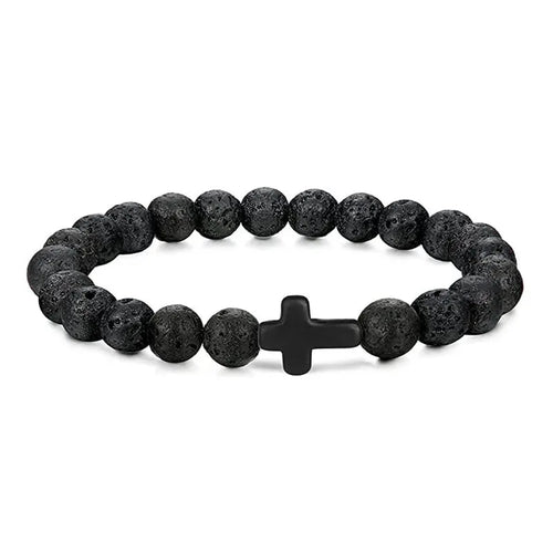 Prayer Men Natural Stone Wood Beads Rosary Hematite Cross Bracelets