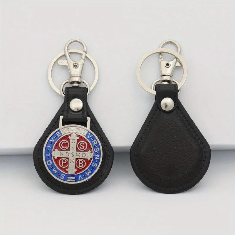 2pcs PU Leather St Benedict Pendant Key Chain Keyring Religious Jesus