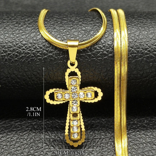 Catholic Cross Amulet Crystal Pendant Men Chain Necklace Gold Color