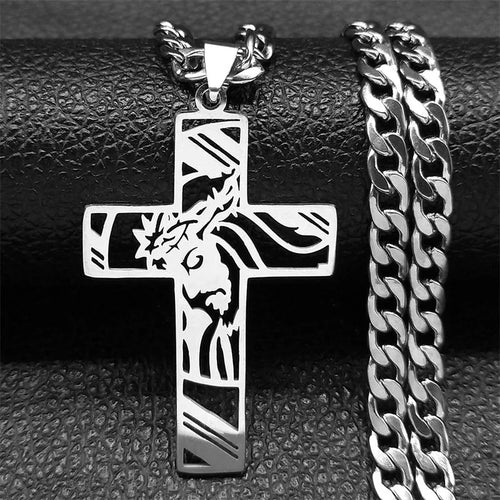 Hip Hop Punk Crown of Thorns Jesus Cross Necklace for Men Stainless