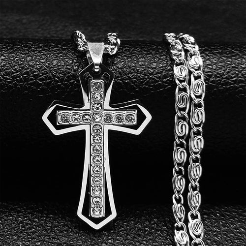 Catholic Cross Amulet Crystal Pendant Men Chain Necklace Gold Color