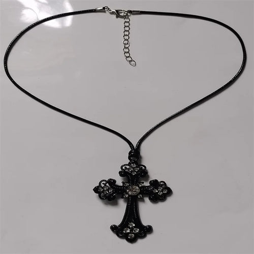 Large Detailed Rhinestone Cross Choker Spiral Hippie Necklace Goth