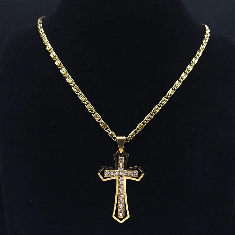 Catholic Cross Amulet Crystal Pendant Men Chain Necklace Gold Color