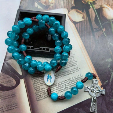Prayer Beads Necklace Catholic Jewelry Blue Glass Beads Crucifix Charm