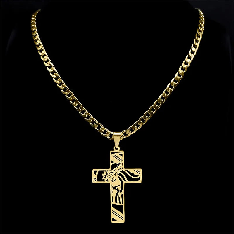 Hip Hop Punk Crown of Thorns Jesus Cross Necklace for Men Stainless