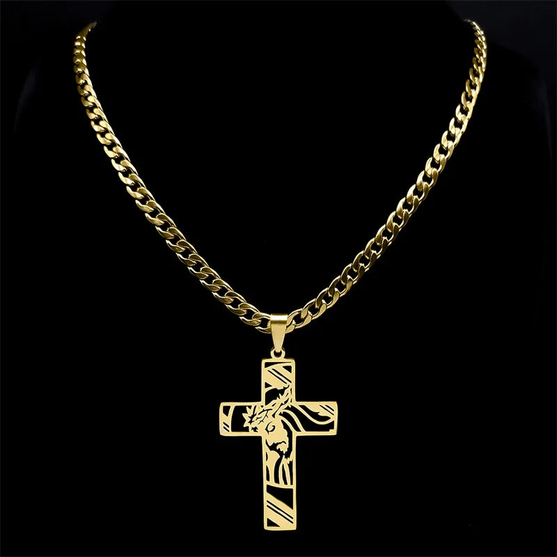 Hip Hop Punk Crown of Thorns Jesus Cross Necklace for Men Stainless