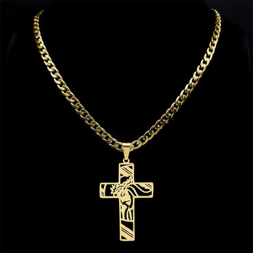 Hip Hop Punk Crown of Thorns Jesus Cross Necklace for Men Stainless