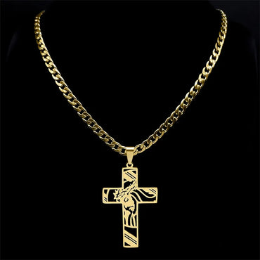 Hip Hop Punk Crown of Thorns Jesus Cross Necklace for Men Stainless