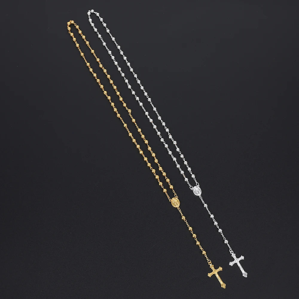 Silver Color Rosary Necklace For Women Men 6MM Metal Beads Long Chain