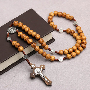 Catholic Wood Beaded Rosary Necklaces For Women Christian INRI