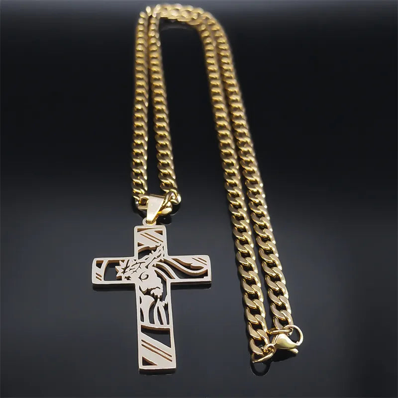 Hip Hop Punk Crown of Thorns Jesus Cross Necklace for Men Stainless