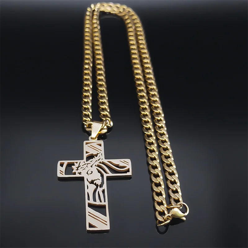 Hip Hop Punk Crown of Thorns Jesus Cross Necklace for Men Stainless