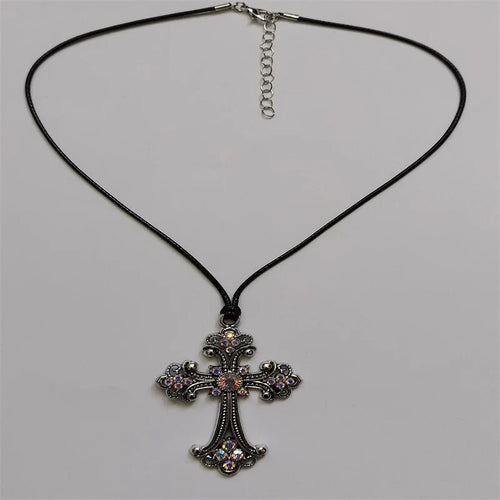 Large Detailed Rhinestone Cross Choker Spiral Hippie Necklace Goth