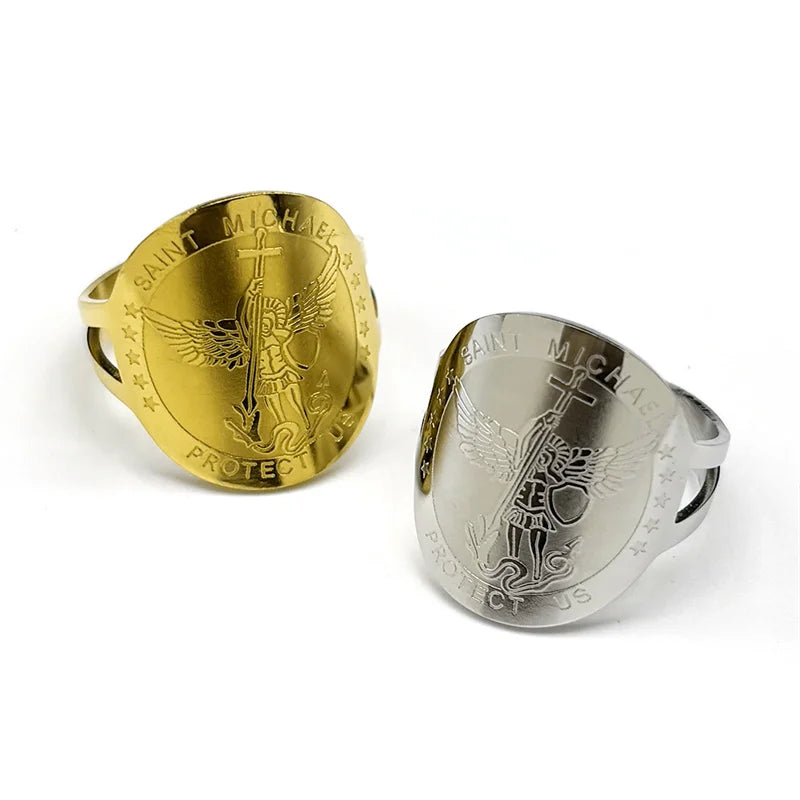 Saint Michael Protect Us Rings for Women Men Stainless Steel Gold