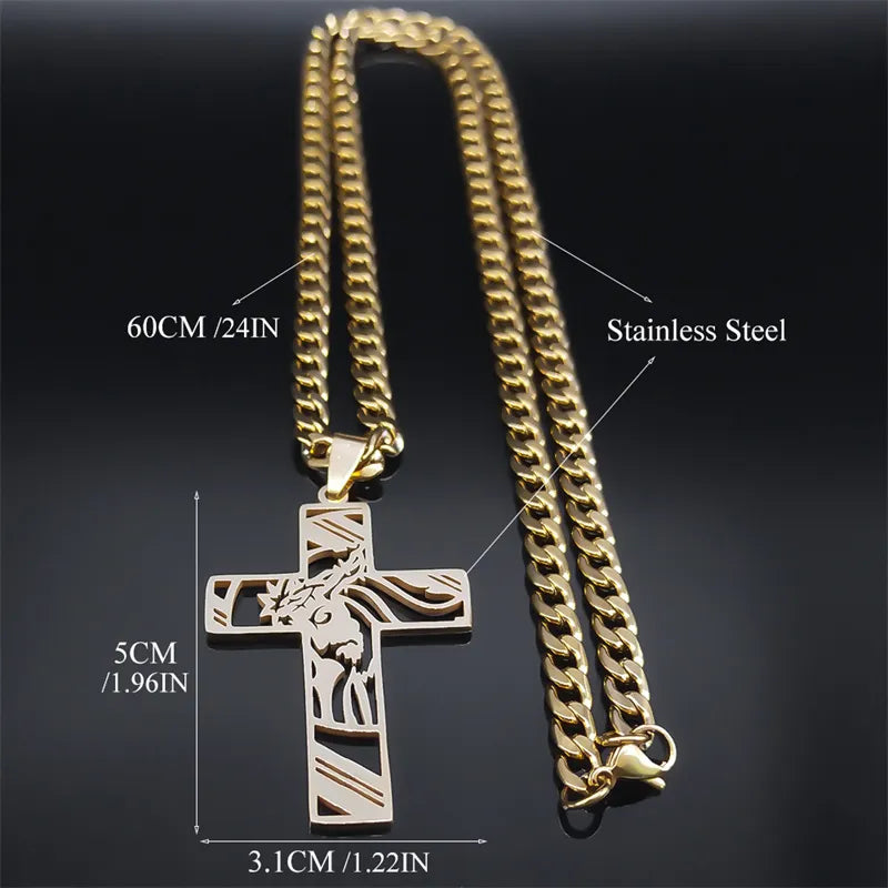 Hip Hop Punk Crown of Thorns Jesus Cross Necklace for Men Stainless