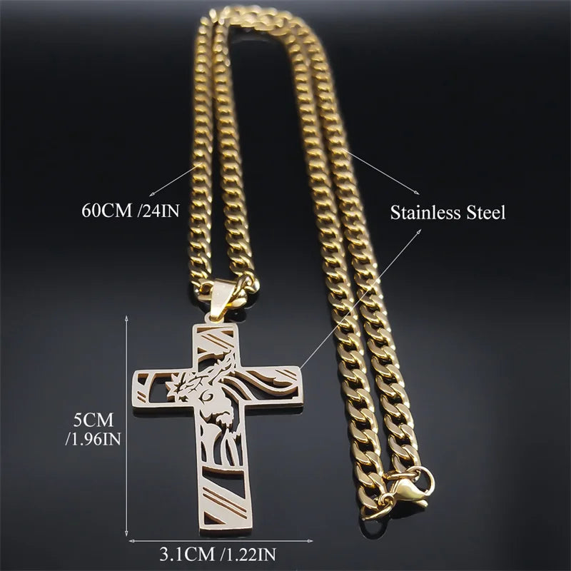 Hip Hop Punk Crown of Thorns Jesus Cross Necklace for Men Stainless