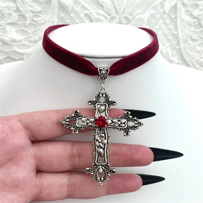 Large Detailed Rhinestone Cross Choker Spiral Hippie Necklace Goth