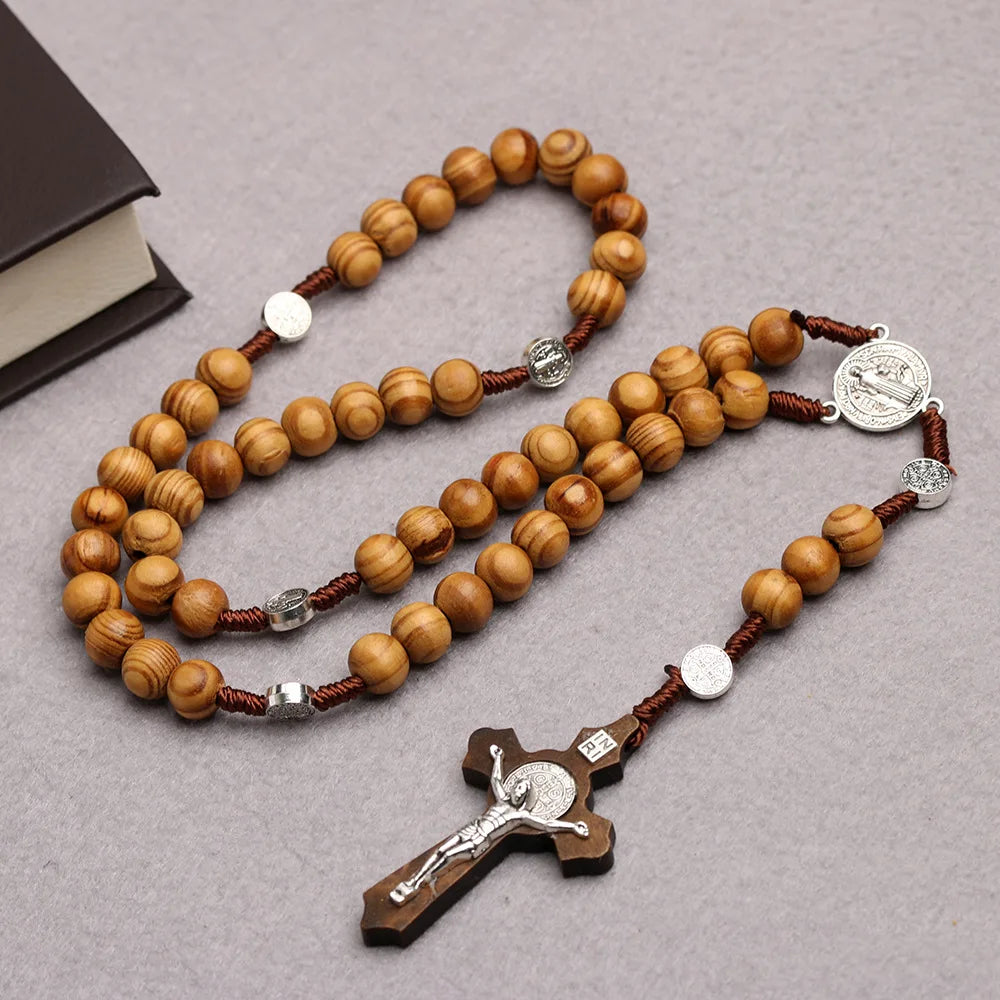 Black Handmade Wood Beads Rosary Necklace For Women Men Christian