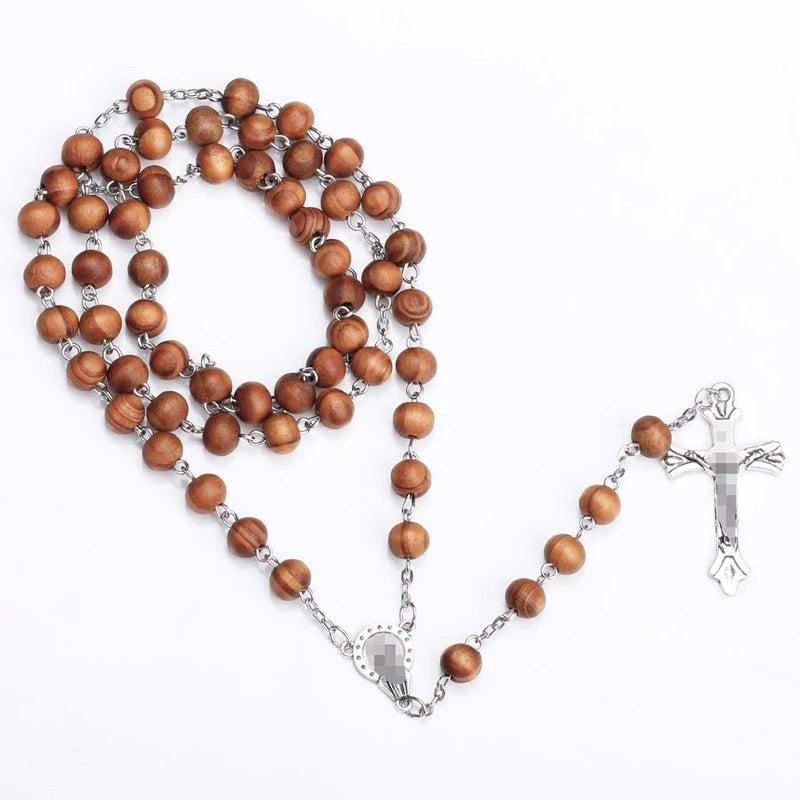 8MM Wood Rosary Beads Necklace For Women Men Catholic Jesus Christ