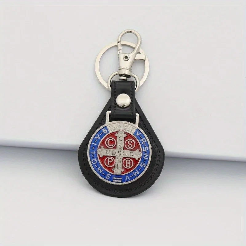 2pcs PU Leather St Benedict Pendant Key Chain Keyring Religious Jesus