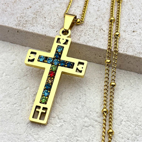 Catholic Cross Amulet Crystal Pendant Men Chain Necklace Gold Color