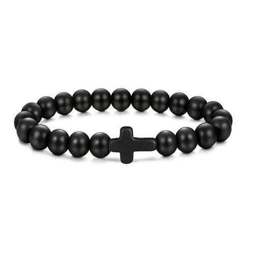 Prayer Men Natural Stone Wood Beads Rosary Hematite Cross Bracelets