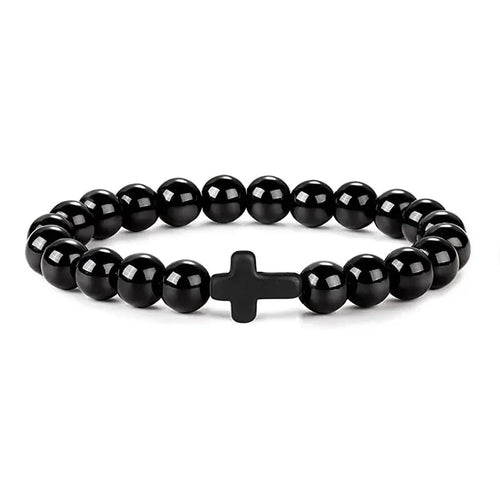 Prayer Men Natural Stone Wood Beads Rosary Hematite Cross Bracelets