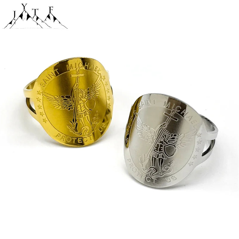 Saint Michael Protect Us Rings for Women Men Stainless Steel Gold