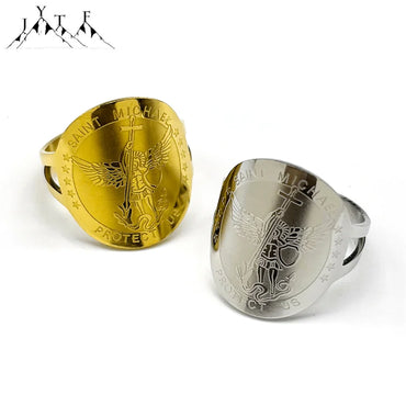 Saint Michael Protect Us Rings for Women Men Stainless Steel Gold