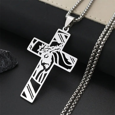 Hip Hop Punk Crown of Thorns Jesus Cross Necklace for Men Stainless