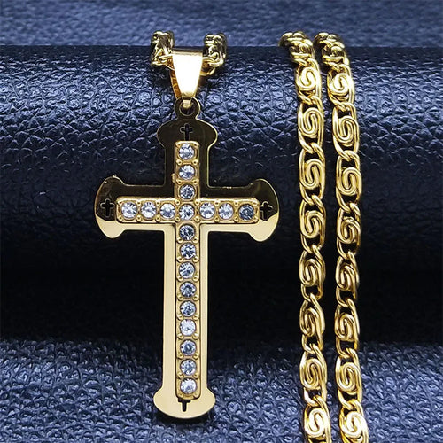 Catholic Cross Amulet Crystal Pendant Men Chain Necklace Gold Color