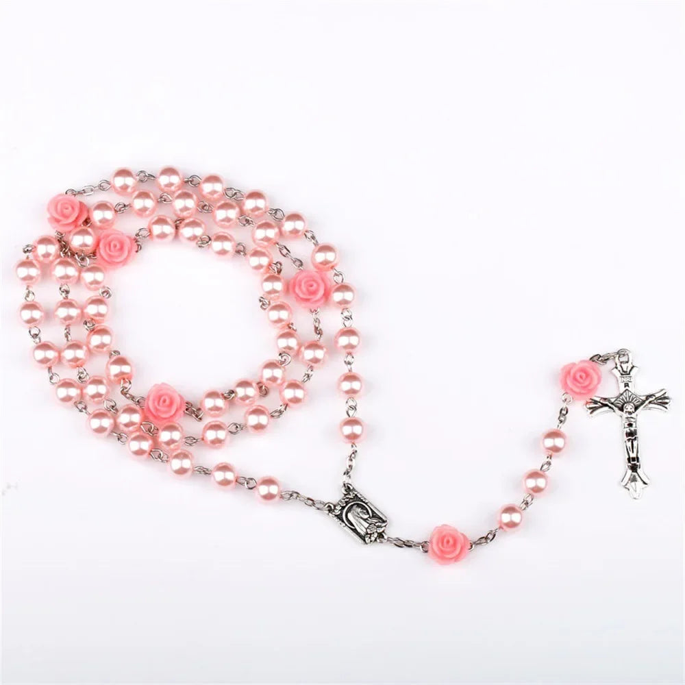 6MM Pink Rosary Necklace For Women Rose Glass Beads Chain Crucifix