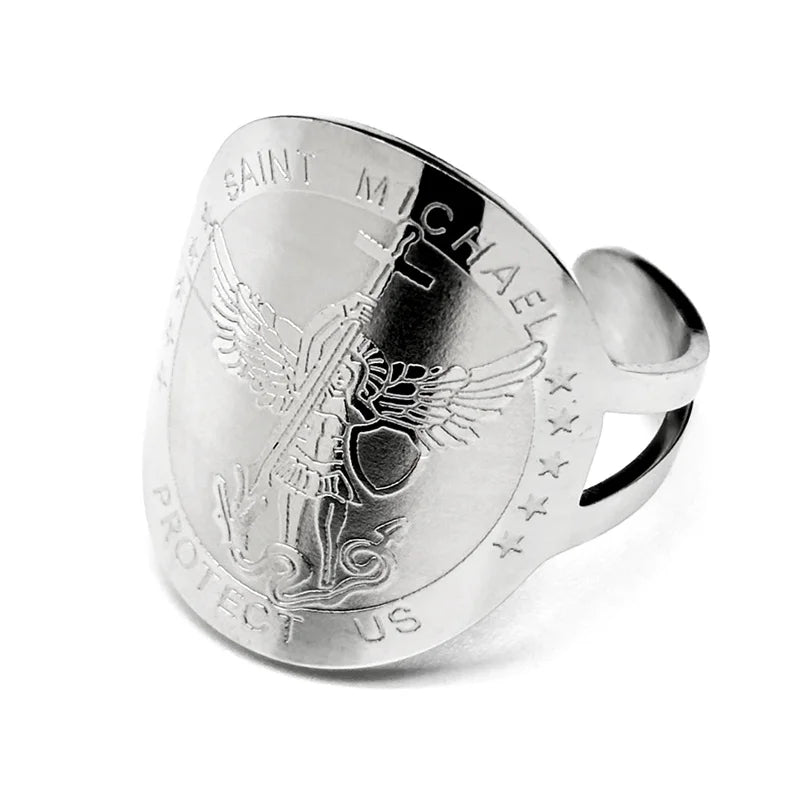 Saint Michael Protect Us Rings for Women Men Stainless Steel Gold