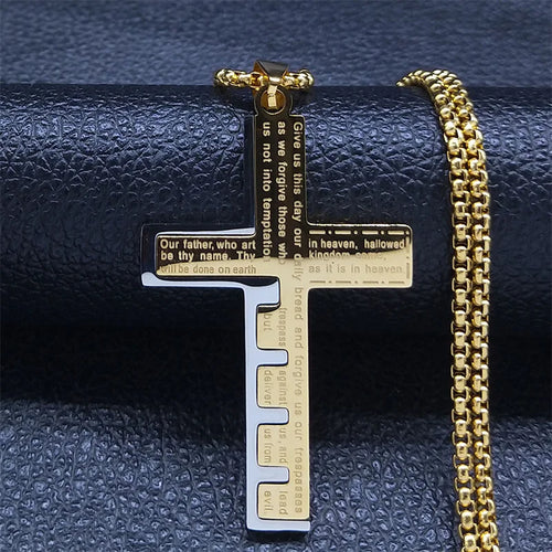 Cross Christian Church Prayer Necklace Men Stainless Steel Gold Color