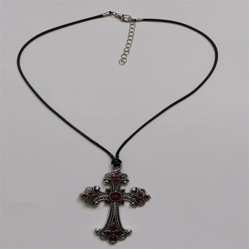 Large Detailed Rhinestone Cross Choker Spiral Hippie Necklace Goth