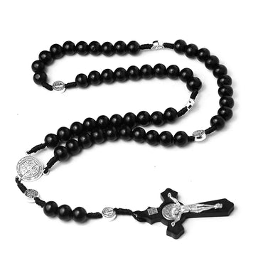 Black Handmade Wood Beads Rosary Necklace For Women Men Christian