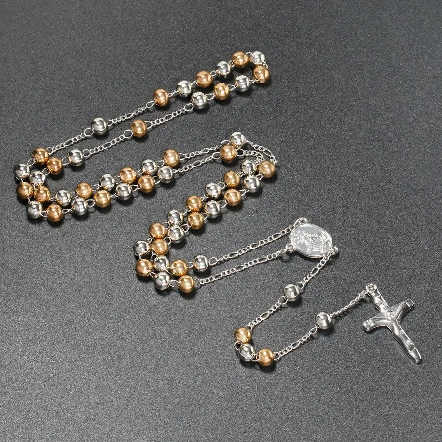 6MM Metal Beads Rosary Necklaces For Women Men Long Chain Crucifix
