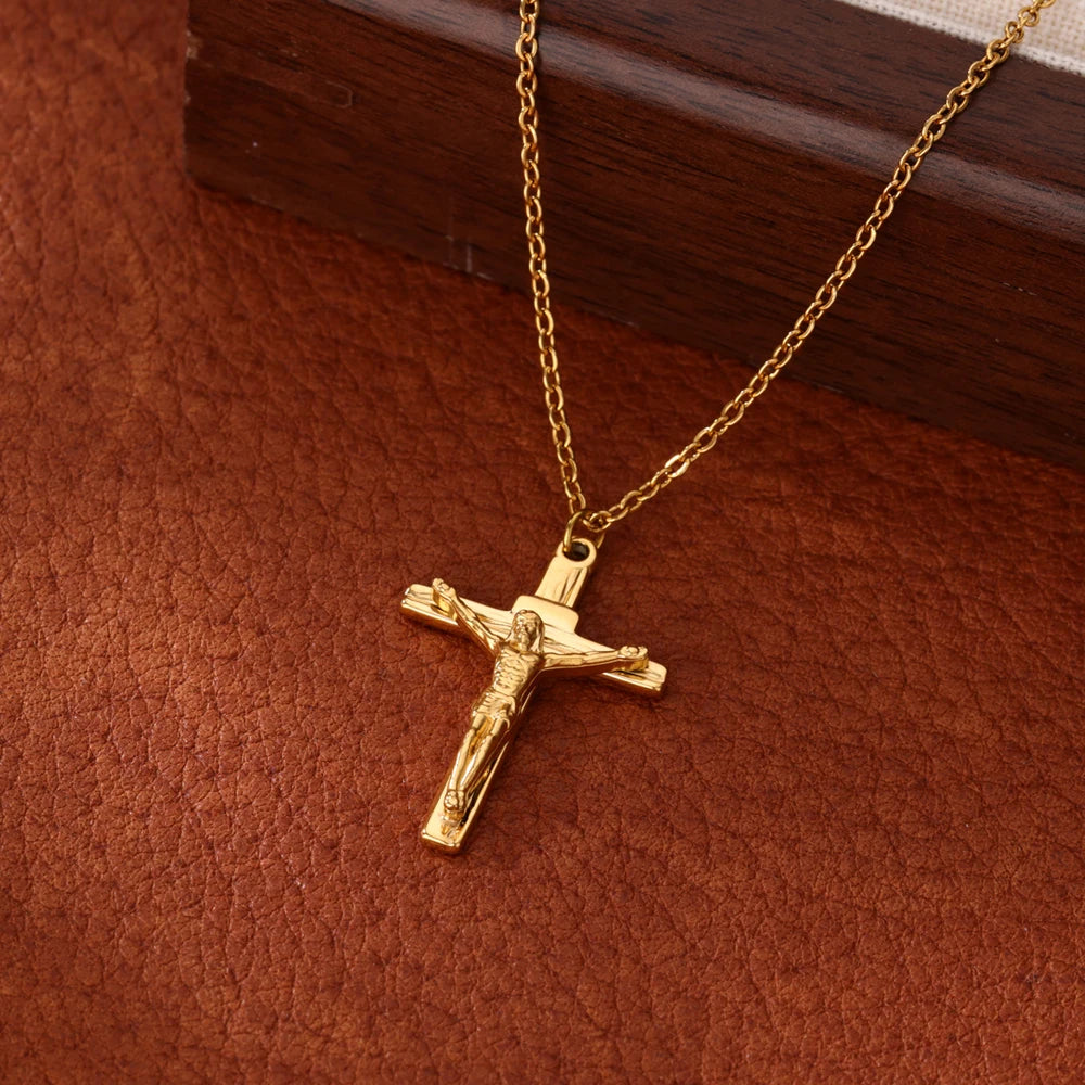 Stainless Steel Jesus Cross Necklace For Women Men Gold Color Caravaca