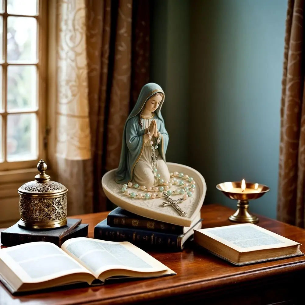 Virgin Mary Jesus Rosary Holder,  6" Blessed Mother Statue Catholic