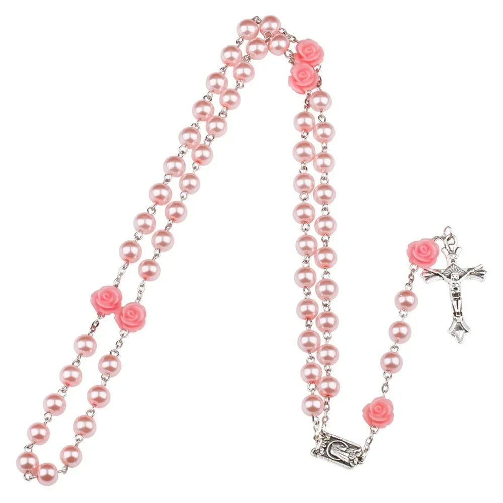 6MM Pink Rosary Necklace For Women Rose Glass Beads Chain Crucifix