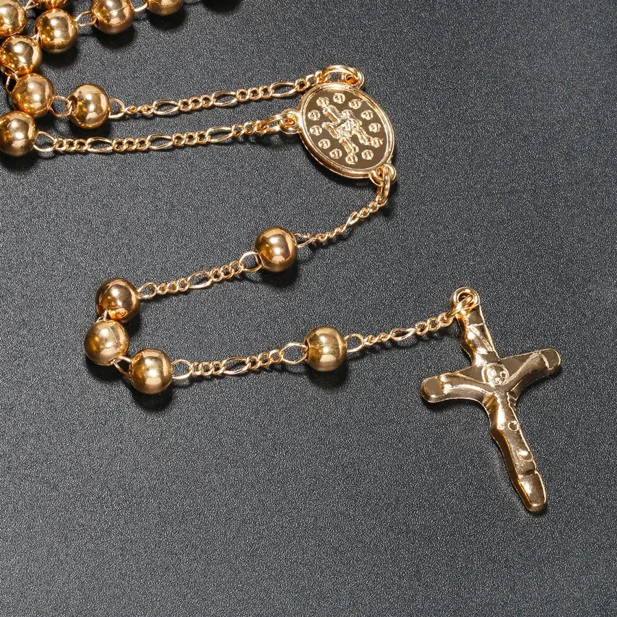 6MM Metal Beads Rosary Necklaces For Women Men Long Chain Crucifix