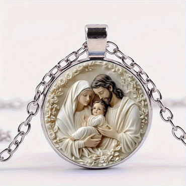 The Holy Family Glass Pendant Necklace Catholic Saint Joseph Virgin