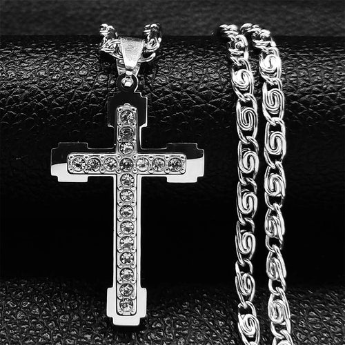 Catholic Cross Amulet Crystal Pendant Men Chain Necklace Gold Color