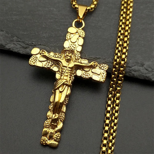 Jesus Cross Crucifix Pendant Necklace for Men Stainless Steel Gold