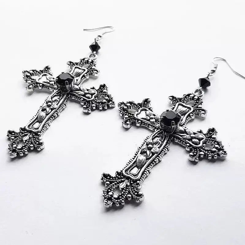 Punk Dazzle Goth detail Crucifix Black Zircon Jewelry Earrings Silver