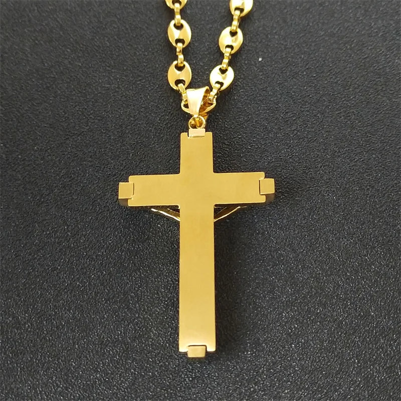 Jesus Cross Crucifix Pendant Necklace for Men Stainless Steel Gold