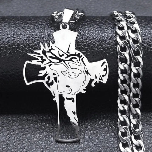 Hip Hop Punk Crown of Thorns Jesus Cross Necklace for Men Stainless