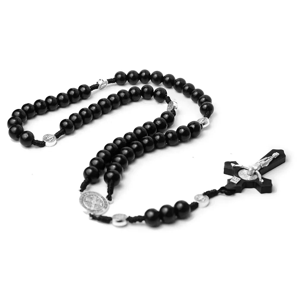 Catholic Wood Beaded Rosary Necklaces For Women Christian INRI