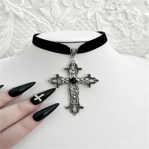 Large Detailed Rhinestone Cross Choker Spiral Hippie Necklace Goth